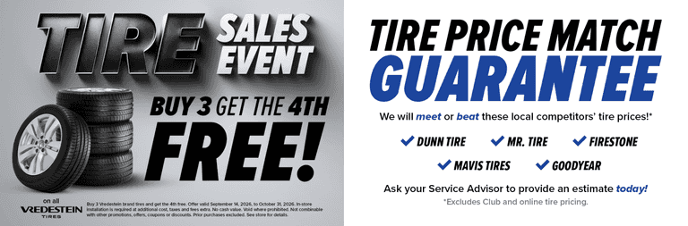 Tire Sale Event near WNY and Syracuse, NY. West Herr is offering Buy three get one free Vredestein Tires through October and always offers a price match guarantee on select tire brands!