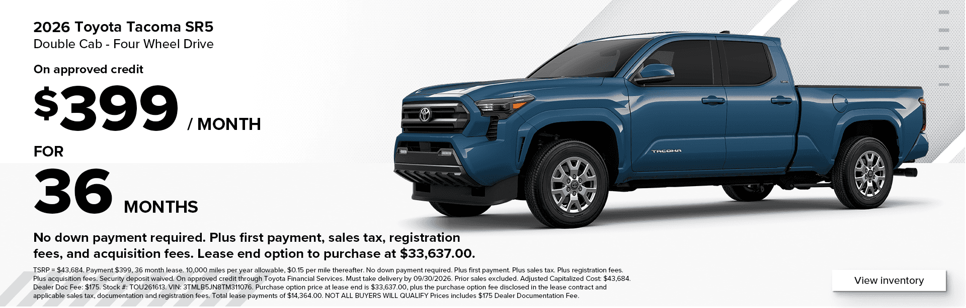 Toyota Tacoma low lease offer at $399 for 36 months offered at all West Herr Toyota's near Buffalo, Rochester, and Canandaigua, NY!